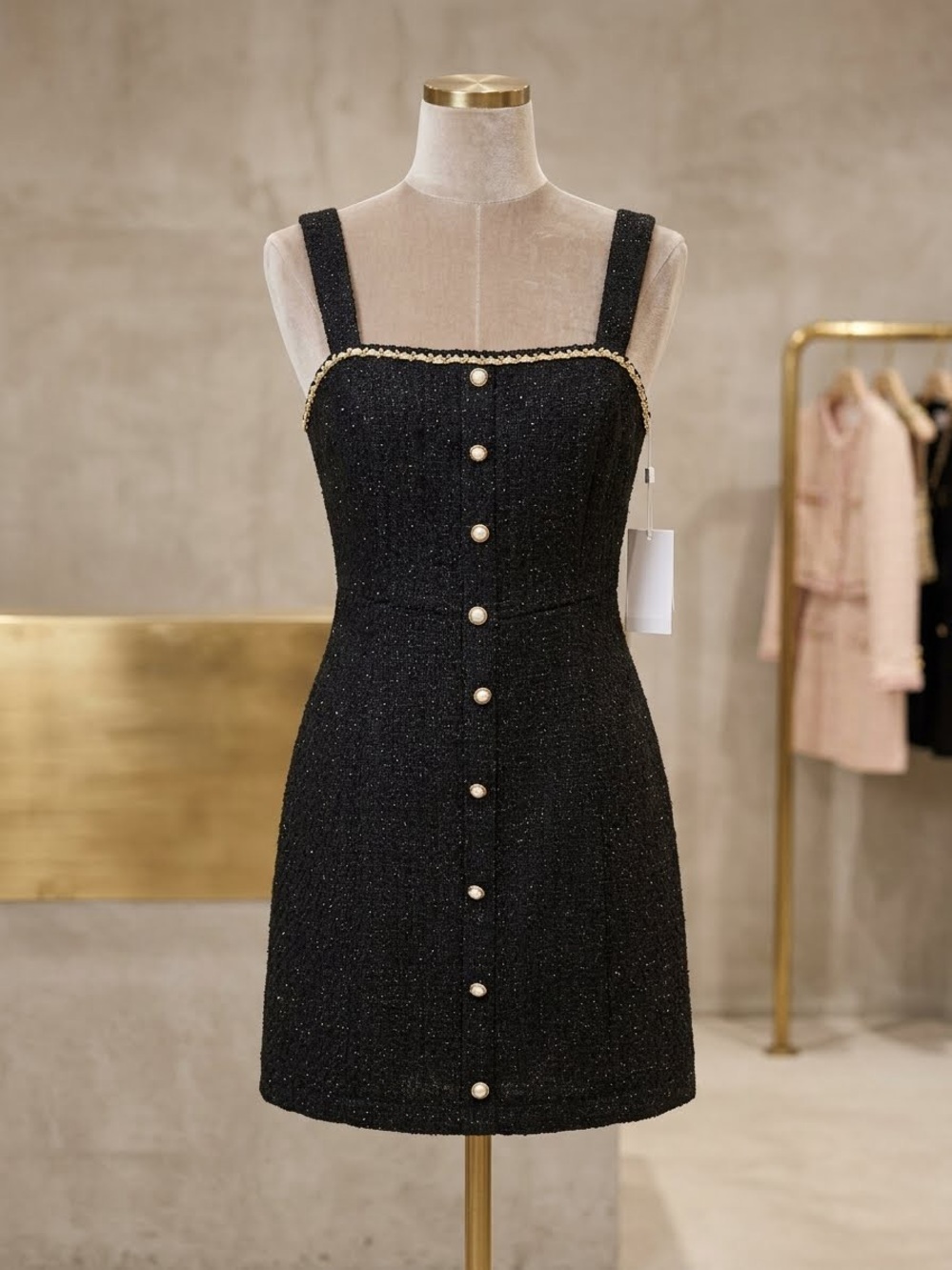Flying Tomato NWOT Monaco Hours Black Tweed Mini Dress with Pearl Buttons